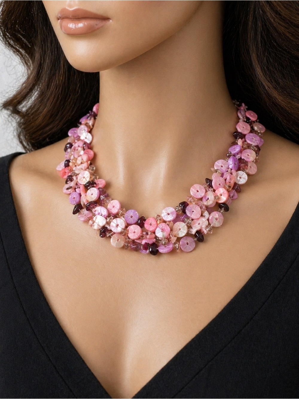 Pink Mother Of Pearl Shell Multi Strand Collar Necklace Short Choker Statement